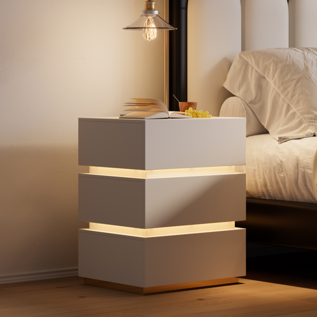 Smart 3-Drawer Bedside Table with Charging Station Bedside Table with Light in White - image 1