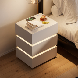 Smart 3-Drawer Bedside Table with Charging Station Bedside Table with Light in White - thumbnail 4