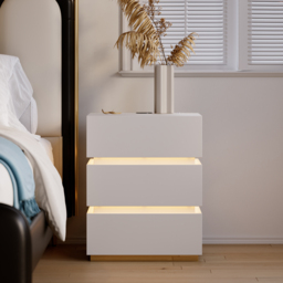 Smart 3-Drawer Bedside Table with Charging Station Bedside Table with Light in White - thumbnail 2