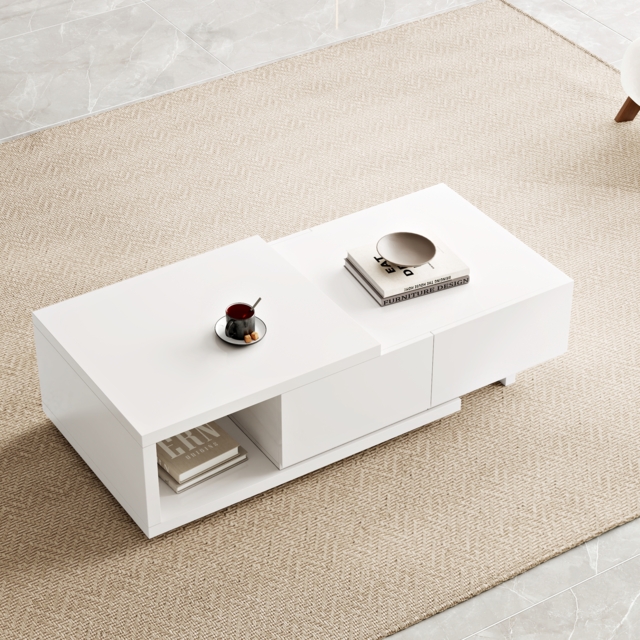 Quoint 175 cm Modern White Coffee Table Retracted & Extendable with 2-Drawer - image 1