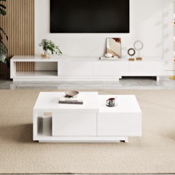Quoint 175 cm Modern White Coffee Table Retracted & Extendable with 2-Drawer - thumbnail 4