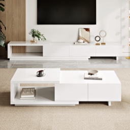 Quoint 175 cm Modern White Coffee Table Retracted & Extendable with 2-Drawer - thumbnail 3