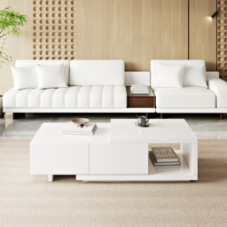 Quoint 175 cm Modern White Coffee Table Retracted & Extendable with 2-Drawer - thumbnail 2