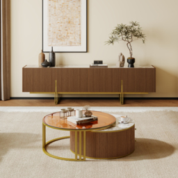Living Room Cabinet Set 2000 mm Sintered Stone Top Walnut TV Stand & Round Glass Nesting Coffee Table with Storage - thumbnail 2
