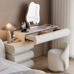 Bedroom Set 2 White Leather Smart Nightstands & Makeup Vanity Set PU Leather Dressing Table Set - thumbnail 3