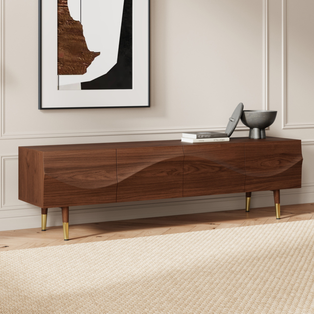 Lake Mid Century TV Stand with Wavy Design Walnut Storage Drawers for TVs Up to 190 cm - image 1