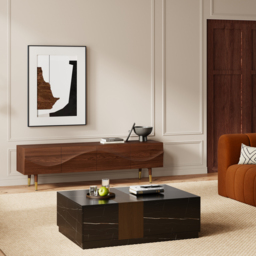 Lake Mid Century TV Stand with Wavy Design Walnut Storage Drawers for TVs Up to 190 cm - thumbnail 3