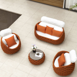 Cocaro 4 Pieces Woven Rope Garden Sofa Set Faux Marble Top Coffee Table in Brown & White - thumbnail 5