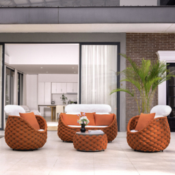 Cocaro 4 Pieces Woven Rope Garden Sofa Set Faux Marble Top Coffee Table in Brown & White - thumbnail 4