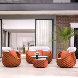 Cocaro 4 Pieces Woven Rope Garden Sofa Set Faux Marble Top Coffee Table in Brown & White - thumbnail 3