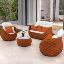 Cocaro 4 Pieces Woven Rope Garden Sofa Set Faux Marble Top Coffee Table in Brown & White - thumbnail 3