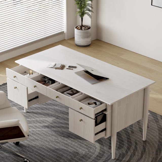 Modern Solid Wood Home Office Desk with 6 Drawers Whitewash Executive Writing Desk (1625mm) - image 1