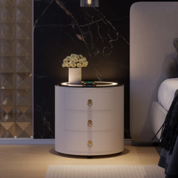 Round PU Leather Bedside Table with Wireless Charging & Speakers & USB Port Modern Off-White Bedside Table - thumbnail 6