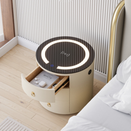 Round PU Leather Bedside Table with Wireless Charging & Speakers & USB Port Modern Off-White Bedside Table - thumbnail 4