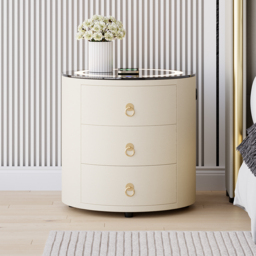 Round PU Leather Bedside Table with Wireless Charging & Speakers & USB Port Modern Off-White Bedside Table - thumbnail 2