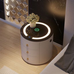 Round PU Leather Bedside Table with Wireless Charging & Speakers & USB Port Modern Off-White Bedside Table - thumbnail 5