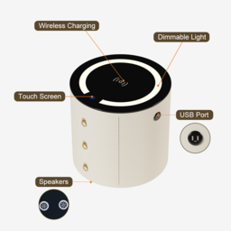 Round PU Leather Bedside Table with Wireless Charging & Speakers & USB Port Modern Off-White Bedside Table - thumbnail 9