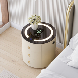 Round PU Leather Bedside Table with Wireless Charging & Speakers & USB Port Modern Off-White Bedside Table - thumbnail 3