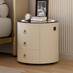 Round PU Leather Bedside Table with Wireless Charging & Speakers & USB Port Modern Off-White Bedside Table - thumbnail 1