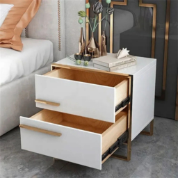 Cylina Modern 2 Drawers White Lacquer Nightstand Square Bedside Table in Gold, Left - thumbnail 4