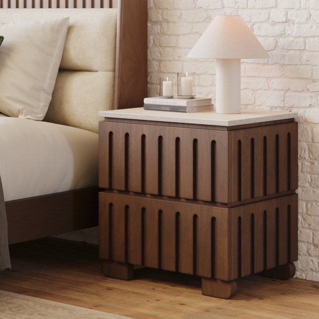 Ash Wood 2-Drawer Nightstand with Faux Travertine Top Set of 2 - image 1