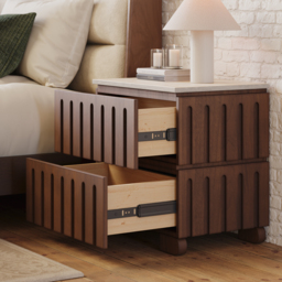 Ash Wood 2-Drawer Nightstand with Faux Travertine Top Set of 2 - thumbnail 6