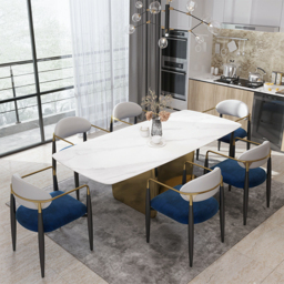 Set of 4 Dining Chair Velvet & PU Leather Upholstered White & Blue Dining Room Chairs with Arms - thumbnail 3