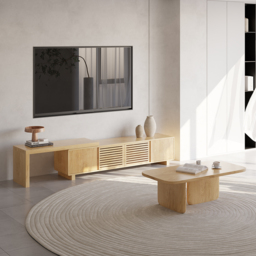 "Japandi Natural Retracted & Extendable TV Stand with 4 Shelves Up to 85""" - thumbnail 5