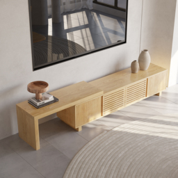 "Japandi Natural Retracted & Extendable TV Stand with 4 Shelves Up to 85""" - thumbnail 3