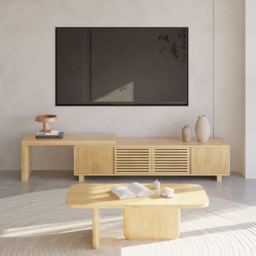 "Japandi Natural Retracted & Extendable TV Stand with 4 Shelves Up to 85""" - thumbnail 6