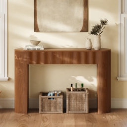 Oval Walnut Console Table with Waved Wood Top - thumbnail 1