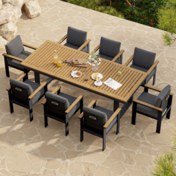 8-Piece Acacia & Aluminium Outdoor Dining Chair Modern Yard & Patio Furniture in Grey Cushion & Pillow Included - thumbnail 4