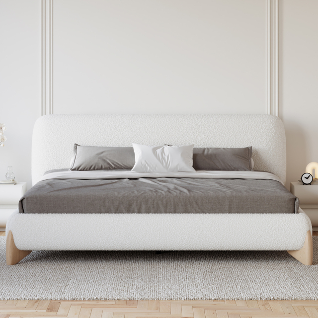 Modern White Boucle Platform Bed Queen Size Bed Frame with Upholstered Headboard with Natural Wood Legs - image 1