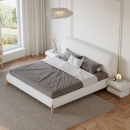 Modern White Boucle Platform Bed Queen Size Bed Frame with Upholstered Headboard with Natural Wood Legs - thumbnail 2