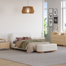 Modern White Boucle Platform Bed Queen Size Bed Frame with Upholstered Headboard with Natural Wood Legs - thumbnail 6