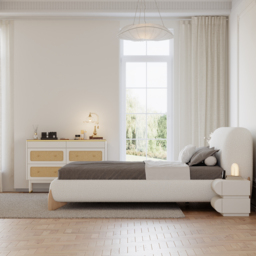 Modern White Boucle Platform Bed Queen Size Bed Frame with Upholstered Headboard with Natural Wood Legs - thumbnail 8