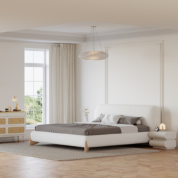 Modern White Boucle Platform Bed Queen Size Bed Frame with Upholstered Headboard with Natural Wood Legs - thumbnail 3