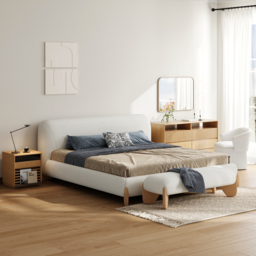 Modern White Boucle Platform Bed Queen Size Bed Frame with Upholstered Headboard with Natural Wood Legs - thumbnail 7