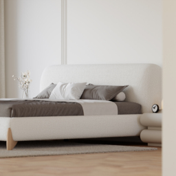 Modern White Boucle Platform Bed Queen Size Bed Frame with Upholstered Headboard with Natural Wood Legs - thumbnail 9