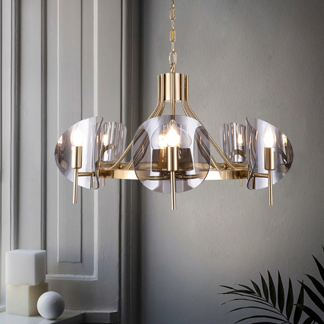Modern Wagon Wheel 6-Light Chandelier Glass and Steel Frame - image 1
