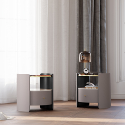 Modern Round Grey Leather Bedside Table with Glass Top & Sintered Stone Bedside with Shelf - thumbnail 4