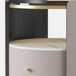 Modern Round Grey Leather Bedside Table with Glass Top & Sintered Stone Bedside with Shelf - thumbnail 7