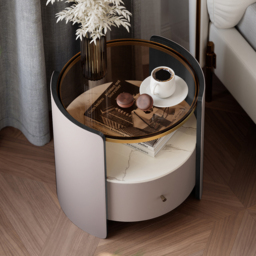 Modern Round Grey Leather Bedside Table with Glass Top & Sintered Stone Bedside with Shelf - thumbnail 2