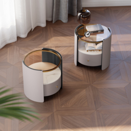 Modern Round Grey Leather Bedside Table with Glass Top & Sintered Stone Bedside with Shelf - thumbnail 5