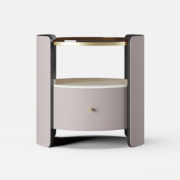 Modern Round Grey Leather Bedside Table with Glass Top & Sintered Stone Bedside with Shelf - thumbnail 8