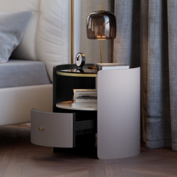 Modern Round Grey Leather Bedside Table with Glass Top & Sintered Stone Bedside with Shelf - thumbnail 3
