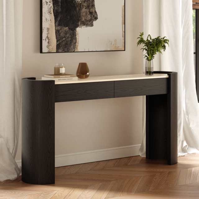 "Japandi 60"" Oval Sintered Stone Console Table With 2 Drawers" - image 1