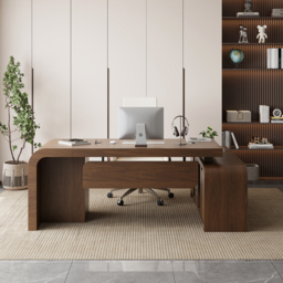 "Modern 70.9"" Walnut L-shaped Executive Desk with Durable Finish & Ergonomic Reclining Leather Office Chair" - thumbnail 2