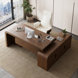 "Modern 70.9"" Walnut L-shaped Executive Desk with Durable Finish & Ergonomic Reclining Leather Office Chair" - thumbnail 3