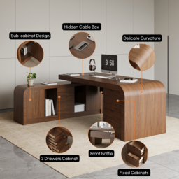 "Modern 70.9"" Walnut L-shaped Executive Desk with Durable Finish & Ergonomic Reclining Leather Office Chair" - thumbnail 6